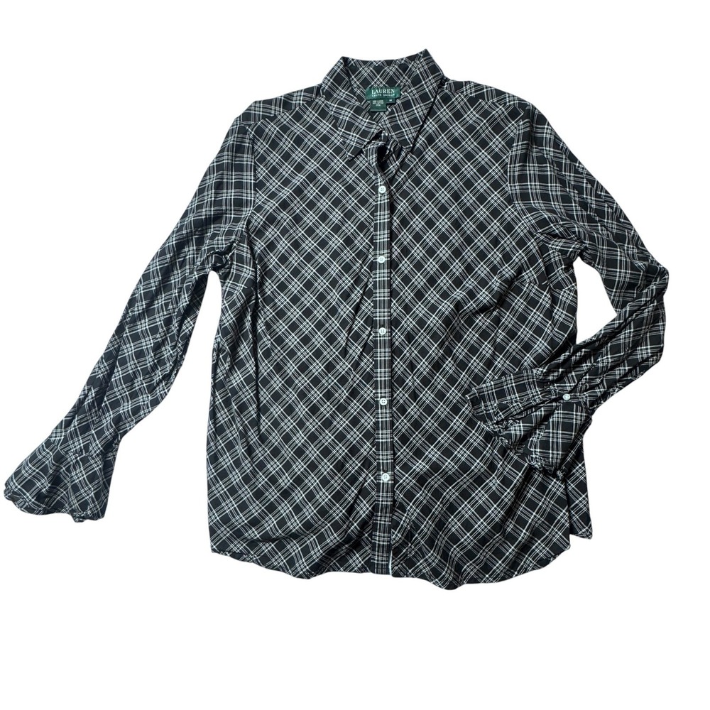 Lauren Ralph Lauren Button Down Women 1X Black Plaid Ruffle Cuff Dark Academia